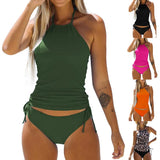 Women Bikini Set, Neck Hanger Sleeveless Backless Crop Tops Solid Color Panties for Summer, Women Clothing-Outfit