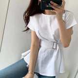 Pleated Sashes Design Women's Blouse Short Sleeve Solid Breathable Ruffles Female Blouses 2021 Summer Elegant Casual