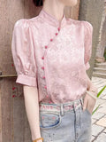 Chinese Style Short-Sleeved Blouse Women's Spring And Summer 2024 New Chinese Style Jacquard Vertical Collar Shirt Lining Trend-Outfit