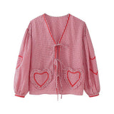 Autumn 2024 New Women's Fashion Casual Contrast Ribbon Plaid Shirt W028 6132-Outfit