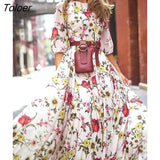 Spring Elegant Floral Print Maxi Dress Women Casual 3/4 Sleeves O-neck Slim Boho Party Long Dresses Robe Femme