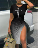 Drawstring Dress Women Fashion Print V-neck Short-sleeved Drawstring Tight Tshirt Dress