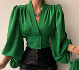 Elegant Leisure Button V-neck Lantern Sleeve Top