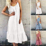 Bohemian Solid Ruffle Dress Women's Summer Sundress ZANZEA Casual Spaghetti Strap Midi Vestidos Female Holiday
