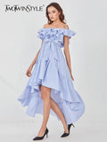 TWOTWINSTYLE Striped Ruffle Trim Irregular Hem Dress For Women Slash Neck Short Sleeve High Waist Blue Dresses Female 2022