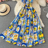 Fashion Holiday Boho Sleeveless Dress Woman Sexy Spaghetti Strap Backless Floral Print Bow Slim Long Party Dress