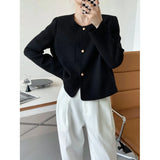 Button Up Tweed Coat Black Beige Autumn Elegant Women's Short Cardigan