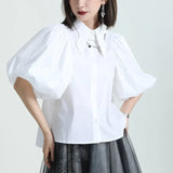 Women White Shaped Elegant Blouse New Lapel Half Lantern Sleeve Loose Fit Shirt Fashion Tide Spring Summer 2023