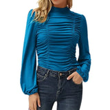 New T Shirt Women Clothing Solid Stand Neck Long Sleeve Plus Size Fashion Ruched Chic Tops Ladies Casual Slim Tee
