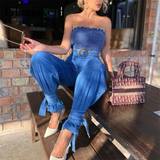 Cotton off shoulder blue spring summer long jumpsuits with belt Casual lace up ruffles office ladies workout 2021