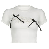 Simple Letter Printing Collision Color Bow Stitching Knitted Blouse Spicy Girl Short Navel T-Shirt Girl-Outfit