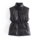 Women Autumn Winter Warm PU Faux Leather Coat Button Up Solid Vest With Belt Female Chic Casual Waistcoat With