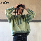 Aproms Elegant Green Striped Print Oversized Pullovers Women Winter O-Neck Loose Long Sweaters Streetwear Warm Outerwear