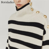 Autumn Winter Style French-o High-neck Striped Thick Loose Knit Sweater Jacket Women High Street Sweaters for