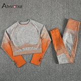 Outdoor Two Piece Set Women Long Sleeve Crop Top Sport Leggings Tracksuit Fitness Gym Suits For