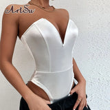 V Strapless Bodysuits Sleeveless Sexy Slim Bodycon Jumpsuit Fashion Elegant Crotch Basic White Overalls