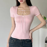 2024, The New Summer Product, Honey Spice Girl, U-Collar, Bow Tie, Sexual Tie, Knitted Bottom Shirt.-Outfit