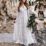 2022 Summer Elegant Women Long Party Dress Long Sleeve See Through White Lace Vocation Maxi Tunic Beach