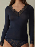 Women Lace Patchwork Long Sleeve T-shirts Tops V Neck Casual Pullovers Spring Fall Club Streetwear Aesthetic Clothes-Outfit