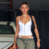 Women Summer Bodycon Tank Tops Spaghetti Strap Sleeveless Front Zipper Self Tie Back Bandage Cami Tops for Ladies-Outfit