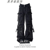 High Street Multi-Pocket Black Work Clothes Jeans Women 2025 New High-Waisted Loose Broad-Legged