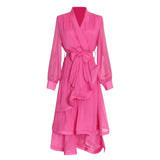 Patchwork Layered Ruffle Hem Dress For Women V Neck Long Sleeve High Waist Solid Midi Dresses Female Spring