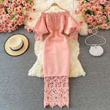 Sexy Hollow Out Lace Bodycon Long Dress Women Elegant Red/Pink/White Off Shoulder Patchwork Maxi Party Vestidos 2021 Autumn