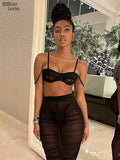 Sisterlinda Sexy Mesh Women Two Piece Suits Summer See Through Wrapped Camisole+Ruched Skirt Lady Maching Party Clubwear