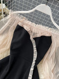 VAREY LIN New Spring Autumn Women Elegant Slash Neck Off Shoulder Tulle Patchwork Puff Sleeve High Waist Party