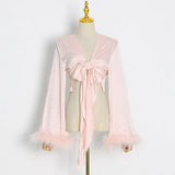 Solid Shirt For Women V Neck Long Sleeve Patchwork Feathers Sexy Belt Blouses Female Fashion Cloth Style New