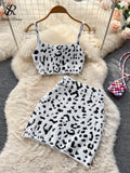 Leopard Print Women Two Piece Suits Summer Mini Camis Top+High Waist Short Skirt Suits 2022 Fashion Sexy Knitted
