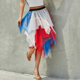 Women Midi Skirts Summer Contrast Color/Solid Color Elastic High Waist Irregular Ruffles Multi-Layered Tulle Tutu Skirts-Outfit