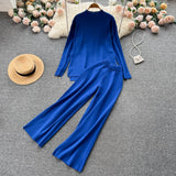 Women Casual Knitted Sets Half High Collar Sweater Top+Elastic Wide Leg Long Pants Winter Sweater Two Piece