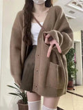 And Winter New Style College Style Korean Version Loose Lazy V-Collar Pocket Solid Color Knitted Cardigan Sweater Women's Spot-Outfit