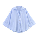 Spring And Summer New Women's Fashion Casual Collar Striped Wide-Sleeved