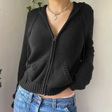 Vintage Brown Solid Hooded Y2K Sweaters Women Autumn Winter Lantern Sleeve Zip Up Jacket Cardigan Knitted Hoodies