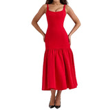 Toloer Women's New Square Collar Women's Elegant Flounce Solid Color Sexy Sling Autumn And Winter