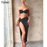 Elegant Strapless Sexy Two Piece Set Women Sleeveless Crop Top And High Split Skirt Matching Sets Party Dress
