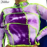 autumn Tie-dye stitching long-sleeved top T-shirt for women crop tops fashion street casual wear basic graphic tee