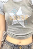 Women T-shirts Vintage Fashion Crop Tops Chic Star Embroidery Korean Tees 2023 Ropa Mujer Slim Fit Drawstring Y2k