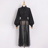 Minimalist Solid Dress For Women Lapel Lantern Long Sleeve High Waist Patchwork Mesh Midi Dresses Female 2022