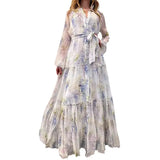 Women's Chiffon Print Dress Open Shirt Swing Belt Fashion Broken Flower Long
