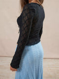 Vintage Women Spring Fall Slim Fit Lace T-shirts Crop Tops Long Sleeve Low Cut Tie Up Tees Shirts Party Clubwear 2023-Outfit