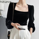 Blusas Mujer De Moda 2023 Vintage Shirts Women Square Collar Puff Sleeve Elegant Blouses Korean Velvet Black Tops