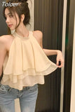 Women Clothing Summer Crop Tops O-neck Sleeveless Chiffon Tanks Fashion Ruffles Korean Camis Temperament Vest 2023 Ropa