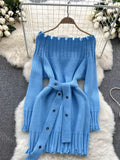 Off Shoulder Sexy Knitted Dress Long Sleeve Lace Up Midi Warm Dress Autumn Women Slash Party Sweater