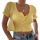 2022 Hot Sale Sexy Women Cardigan Summer T-Shirt Short Sleeve Ruffle T-Shirt Clubwear Buttons Bodycon Frilly Solid Color