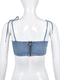 Women's Denim Short Tank Tops Strapless Diamonds Lace-up Heart Patchwork Slim Bra Camis 2024 Summer New Fashion 29L2834-Outfit