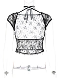 Vintage Y2K Sexy Women Lace Floral T-shirts Summer Party Clubwear Short Sleeve Backless Mesh See Through Tees Shirts-Outfit
