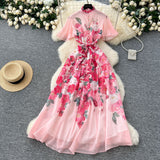 New Holiday Style Dress Women's French Pearl Buckle Waist Thin Temperament Print Chiffon Long